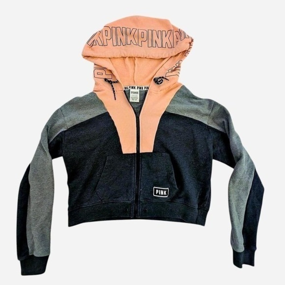 Victorias Secret‎ PINK Colorblock Cropped Full Zip Hoodie Peach Gray Small